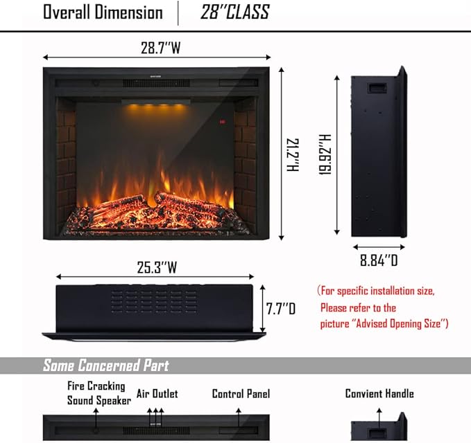 28'' Electric Fireplace Insert, Retro Recessed Fireplace Heater with Fire Cracking Sound, Remote Control & Timer, 750/1500W, Black