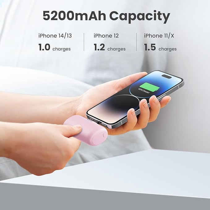 [2-Pack] Mini Portable Charger for iPhone,5200mAh Ultra Compact PD Fast Charging Power Bank,Plug-in Battery Pack Travel Cordless Phone Charger,Compatible with iPhone 14/14Pro/13/12/11/X/8(Pink+Green)