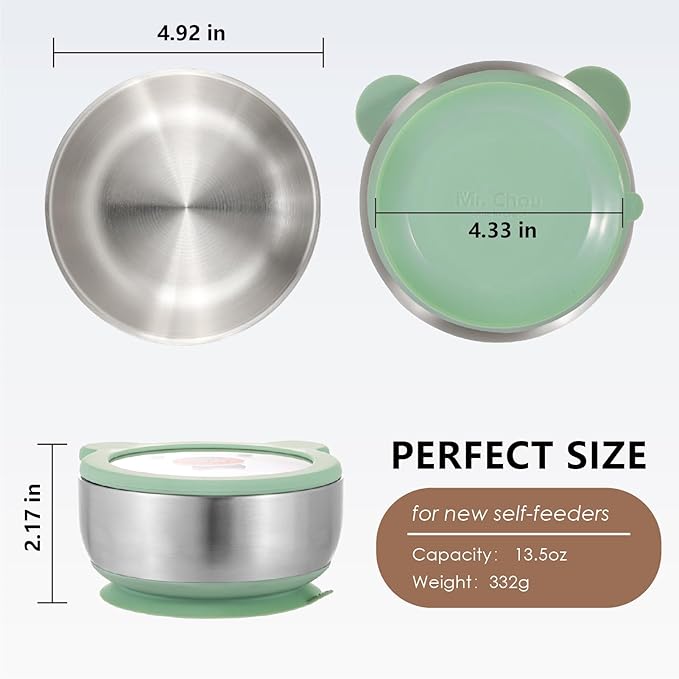 MR. CHOU Baby Bowls with Non-Slip Silicone Suction Cup, Insulated Double-Layer 304 Stainless Steel Toddler Bowls with BPA Free Airtight Lids, Food-Grade Silicone Safe for Kids (Green)