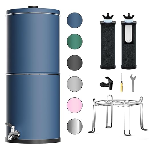 Purewell 3-Stage 0.01μm Ultra-Filtration Gravity Water Filter System, NSF/ANSI 42&372 Certification, 304 Stainless Steel Countertop System with 2 Filters and Stand, Reduce 99% Chlorine, 2.25G, PW-OB
