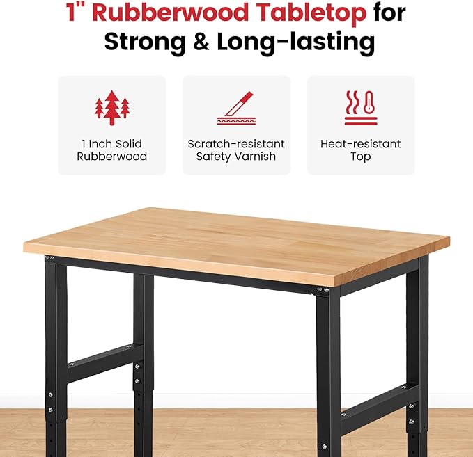 Work Bench for Garage Workbench Adjustable Height Work Table for Shop Woodworking, 41 x 20 Heavy Duty Rubber Wood Top for Office, Home, Commercial