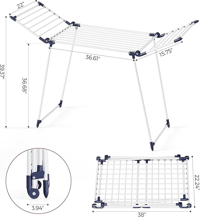 APEXCHASER Clothes Drying Rack Foldable, Large Drying Rack Clothing, Winged Laundry Rack Folding Indoor Outdoor, Metal Clothes Airer for Bedding Towel Sweater Heavy Duty, 68.9" X 22" X 39.3", White