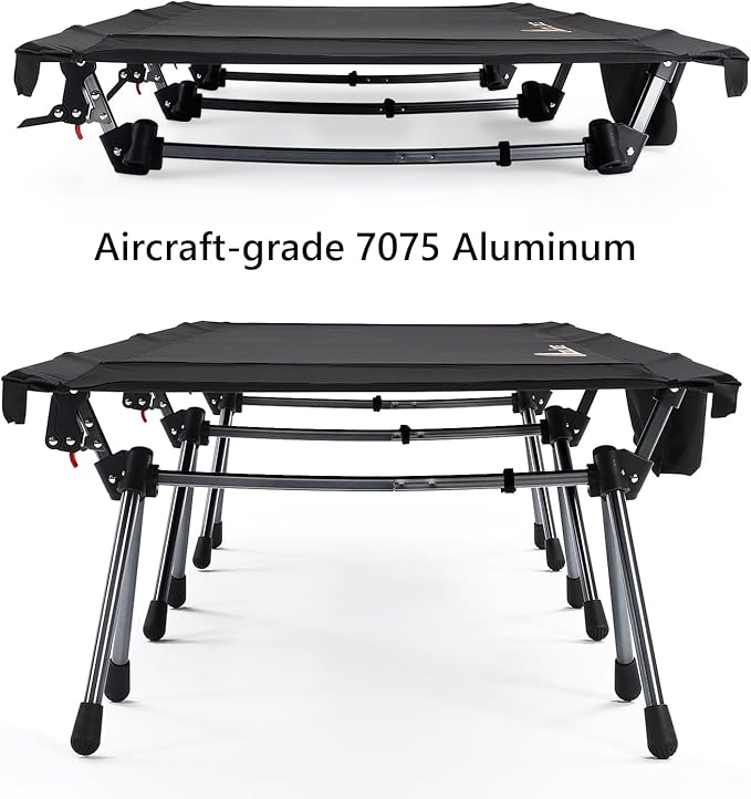 MOON LENCE Height Adjustable Camping Cot - Supports 330 lbs, Portable Folding Bed with Leg Extenders & Camping Pillow for Camping, Hiking, Sleeping, Black