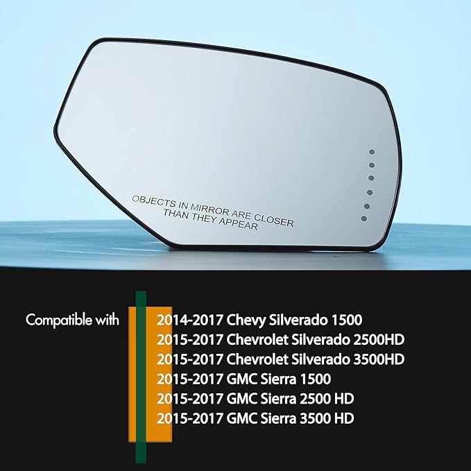 Passenger Side Mirror Replacement for 2014-2017 Chevy Silverado 1500 2500HD 3500HD, 2015 2016 2017 GMC Sierra 1500 2500 HD 3500 HD - Mirror Glass with Turn Signal, Right Heated, GM1325146