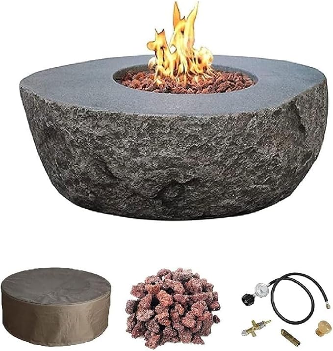 Elementi | Boulder Gas Fire Pit Cast Concrete Semi-Round Fire Table, Outdoor Fire Pit Electronic Ignition | Canvas Cover, Lava Rock Included | Natural Gas