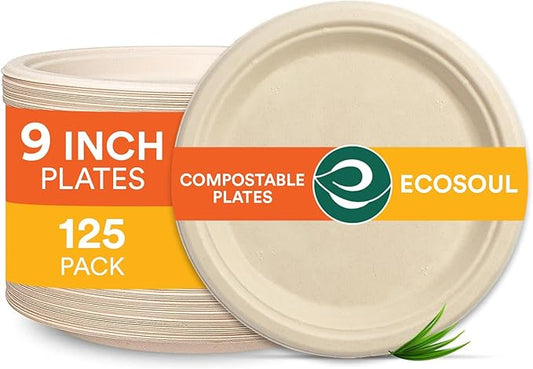 ECO SOUL 100% Compostable Small Paper Plates (9" Round Plate, 125)