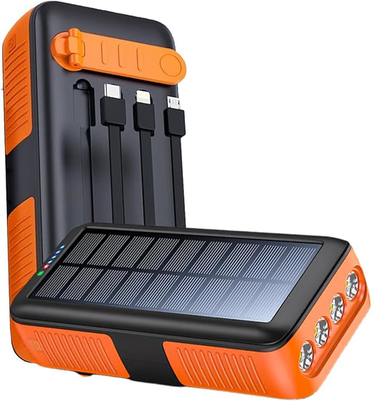 Solar Power Bank Portable Charger 63200mAh Battery Pack, Hand Crank Charger Dual Outputs Inputs 4 LED Flashlight, Fast Charging with Built in Cables Power for Phone Camping Emergency Travel (Orange)