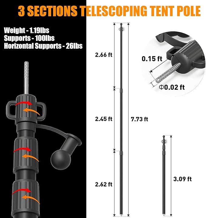 WILDROAD Tarp Poles Tent Poles Canopy Poles 7.7 ft, Telescoping Aluminum Poles with Non-Slip Aluminum Cone Bottom, Portable and Lightweight Camping Gear for Camping and Awnings, Set of 4