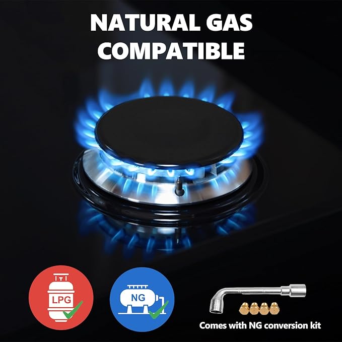 Gas Stovetop 4 Burner, Built-in/Countertop Propane Gas Cooktop, LPG/NG Dual Fuel Convertible Gas Stove Top with Thermocouple Protection, Black Tempered Glass, 27400BTU
