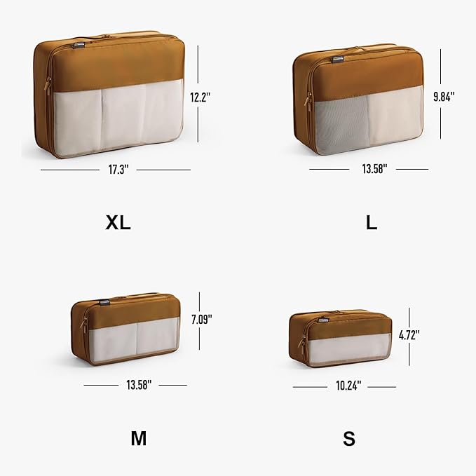 4 Set Compression Packing Cubes for Travel, Suitcases and Backpack Space Saving Organizers (Dark Brown)