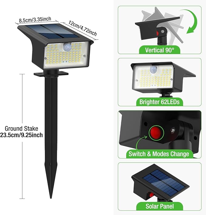 Nipify Solar Spot Lights Outdoor Motion Sensor, [2 Pack/62 LED]3 Modes Solar Landscape Spotlights Outdoor Waterproof, 2-in-1 Solar Lights Outdoor Pathway Lights for Yard Garden Wall Patio, Cool White
