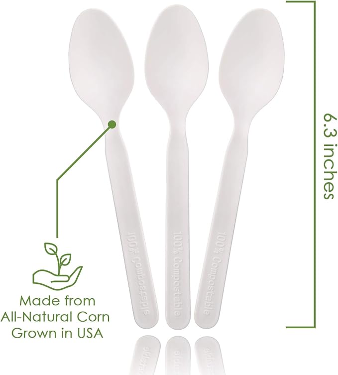 100% Compostable Spoons - 140 Large Disposable Utensils (6.3 in.) Eco Friendly Durable and Heat Resistant Alternative to Plastic Spoons with Convenient Tray