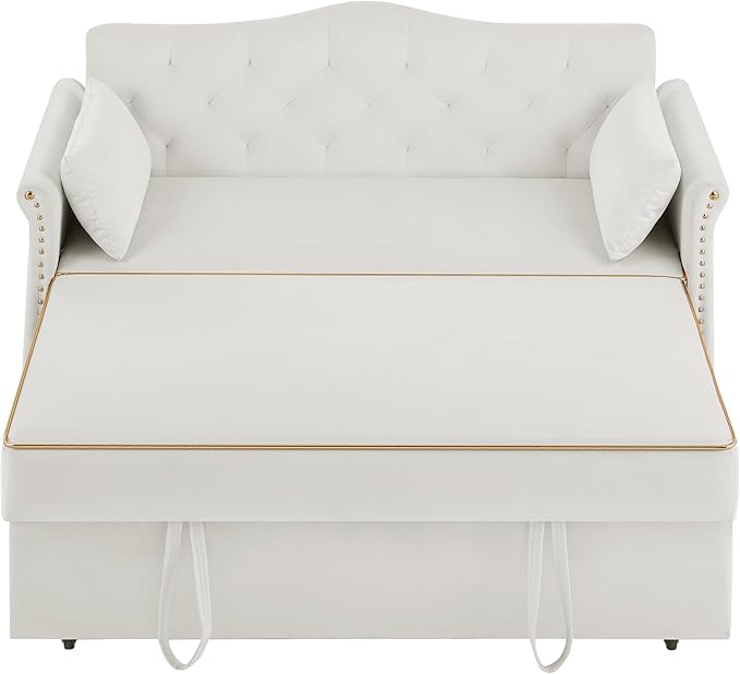 57" Velvet Pull-Out Sofa Bed, 3-in-1 Convertible Loveseat with Gold Trim Strips and Adjustable Backrest, Perfect for Living Rooms, Offices and Apartments (Beige)