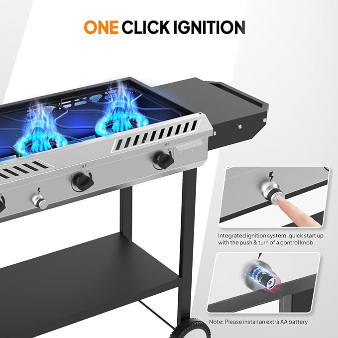 ROVSUN 3 Burner Outdoor Propane Gas Stove with Griddle, Ignition & Side Shelves, 225,000 BTU Powerful Gas Stove Outdoor Cooker for Backyard Patio Cooking Home Camping Grilling Canning Turkey Frying