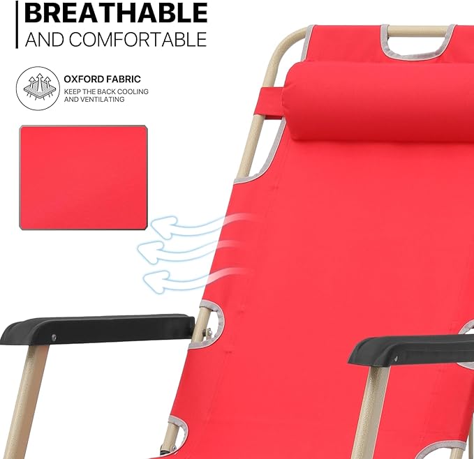 MoNiBloom Set of 2 Folding Reclining Patio Chairs, 3-Position Patio Lounger Folding Chairs with Footrest for Backyard Poolside Lawn, Red, 330lbs Capacity