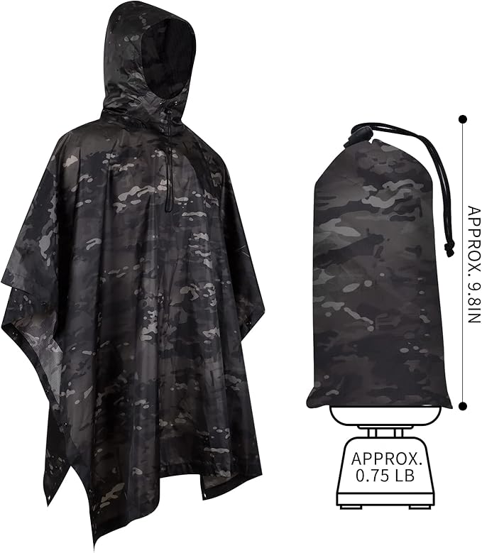 GRVCN Military Rain Poncho, Camouflage Raincoat Outdoor Waterproof Lightweight