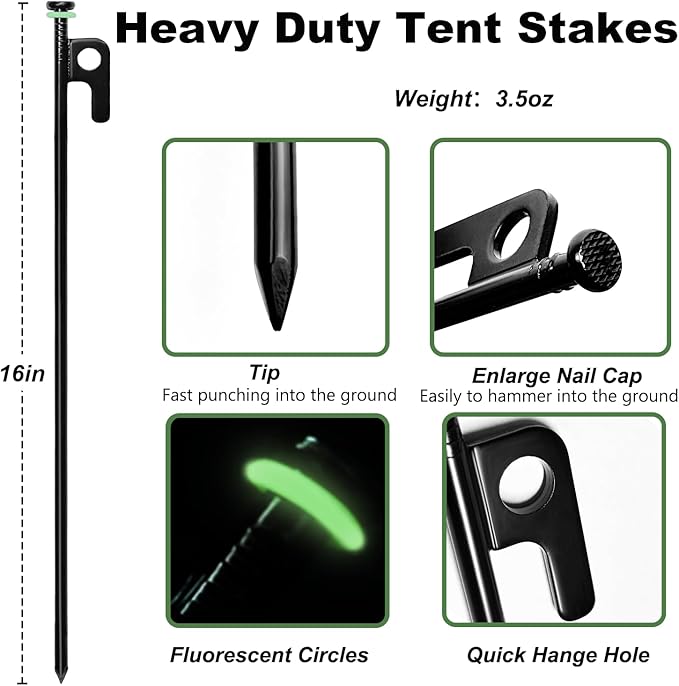 24Pcs Tent Stakes, 16in Heavy Duty Tent Stakes with Storage Pouch, Forged Steel Tent Sakes Metal, Metal Stakes for Tent Used on Grassland, Snowfield, Dessert(24Pcs, 16in, Diameter 1/4")