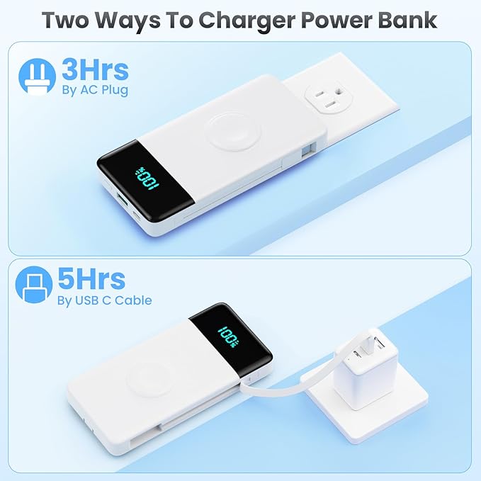 Portable Charger for iPhone with Built in Cables & Wall Plug,6-in-1 10800mah Power Bank with iWatch Charger,22.5W PD Fast Charging LCD Display Battery Pack for iPhone 16/15,Android,Apple Watch-White