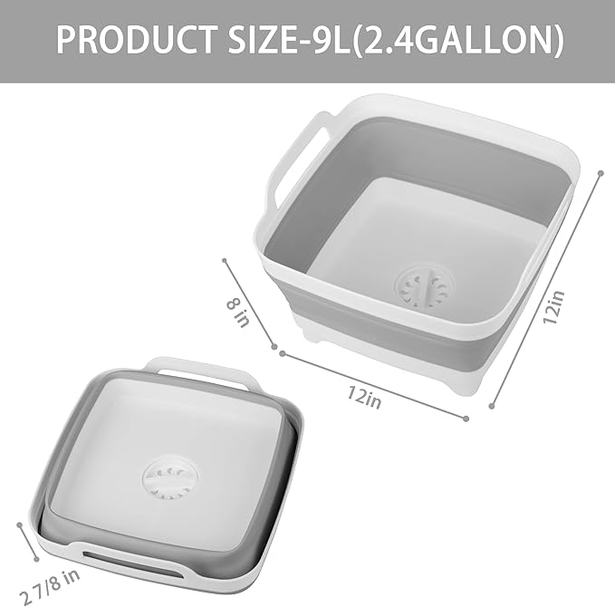 Dishpan for Washing Dishes, 2.4Gal/9L Wash Basin with Draining Plug Carry Handles, Collapsible Bucket for Cleaning, Portable Sink, Foldable Plastic Tub