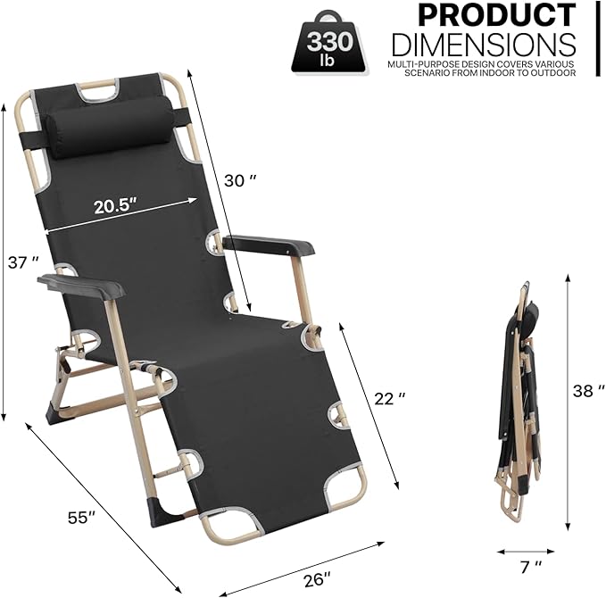 MoNiBloom Patio Folding Lounge Chair Set of 2 Outdoor Lawn Folding Lounge Reclining Lounger Chairs for Poolside Backyard Beach and Camping, 330lbs Capacity