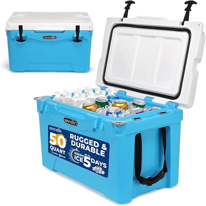 SereneLife Ultra-Tough 25-75 Quart Rotomolded Cooler Box, Holds Upto 64 Cans, Keeps Ice Up to 5 Days, Heavy-Duty Insulated Portable Ice Chest Box, Ideal for Camping, Beach, Picnics, Tailgating, etc