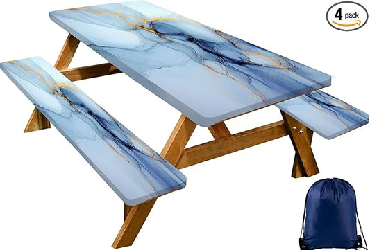 CAPSCEOLL Fitted Picnic Table Cover with Bench Covers with Elastic 8Ft Waterproof Camping Picnic Table Cover Cloths for Outdoors Camping Tablecloth with Drawstring Bag, 96X30in, Blue Marble