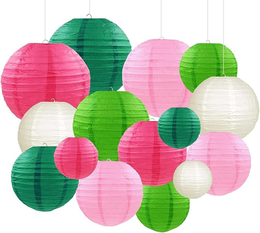 Pink Green Paper Lanterns Decorative 15pcs Party Hanging Decorations for Party Birthday Bachelorette Wedding Birthday Baby Shower Summer Themed Party Anniversary Green Pink White Room Decor