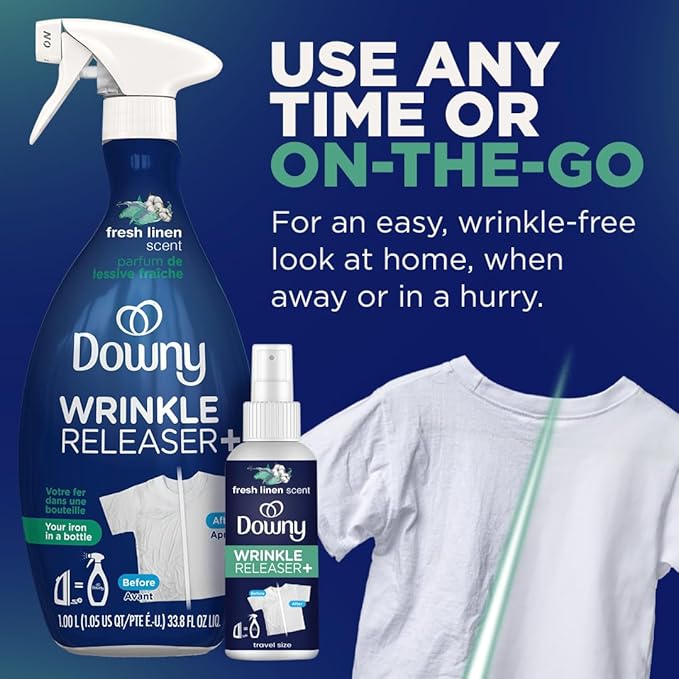 Downy Wrinkle Releaser Spray All In One Wrinkle Release Spray Travel Size, Odor Eliminator, Static Remover Fabric Refresher & Ironing Aid for Clothes 3 Fl Oz (Pack of 2), Crisp Linen Scent