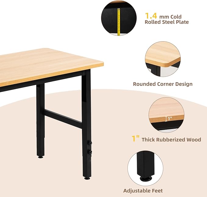 48" Adjustable Workbench, Work Table for Garage, 2000 LBS Capacity Hardwood Work Bench, Heavy Duty Table for Workshop, Office, Garage, Home