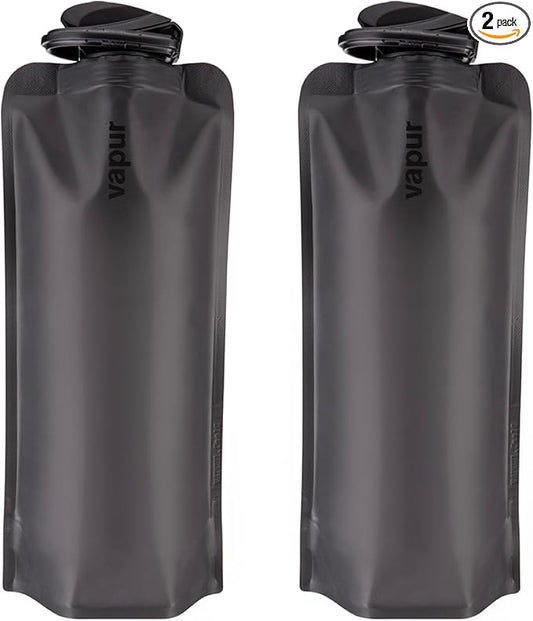 Vapur Collapsible Water Bottle With Carabiner, Compact Bottle Folds Flat For Hydration On The Go, Ideal for Traveling, Hiking or Camping, 34 Ounce, Blackout, Pack of 2