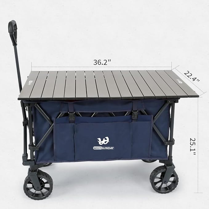 Whitsunday Folding Collapsible Utility Wagon, 400Lbs Heavy Duty Outdoor Park Beach Wagon with Table and Side Pocket for Garden Camping Sports Shopping Dark Blue