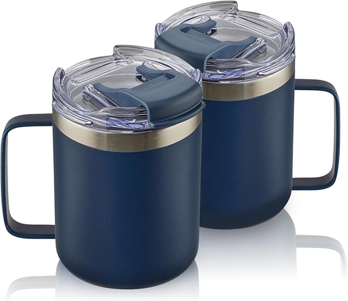 ALOUFEA 12oz Stainless Steel Insulated Coffee Mug with Handle, Double Wall Vacuum Tumbler Cup with Fliping Lid, Navy, 2 Pack