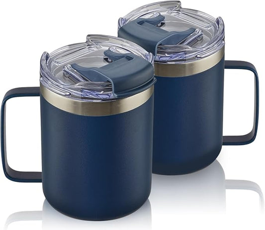 ALOUFEA 12oz Stainless Steel Insulated Coffee Mug with Handle, Double Wall Vacuum Tumbler Cup with Fliping Lid, Navy, 2 Pack