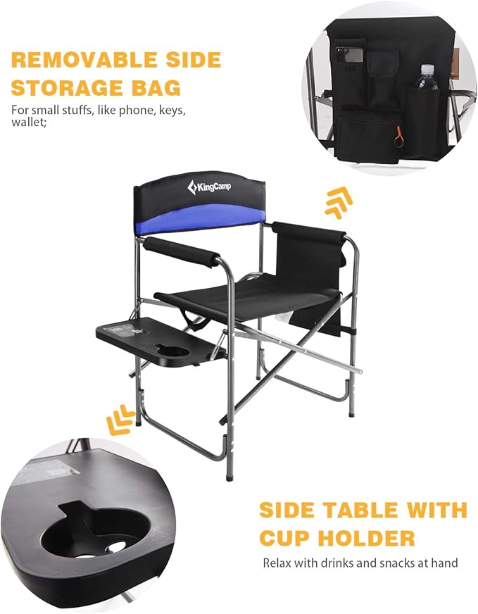 KingCamp Heavy Duty Camping Director Chair, Folding with Side Table & Storage, Blue