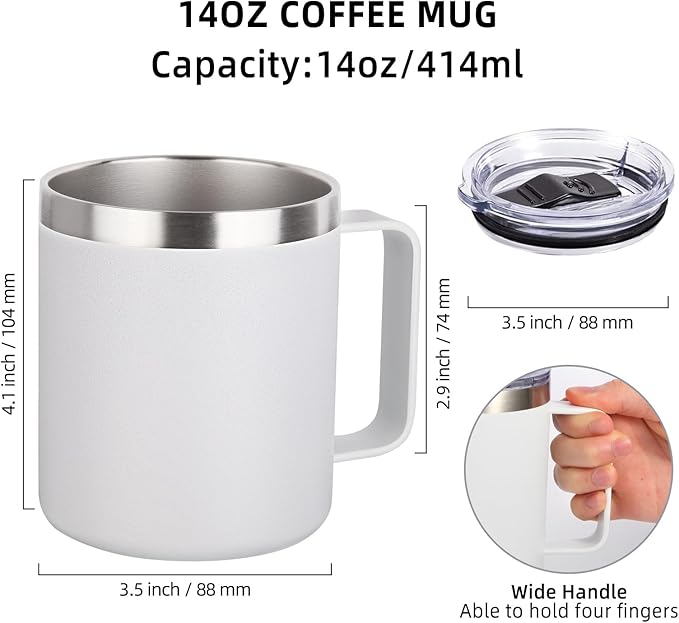 Volhoply 14oz Insulated Stainless Steel Coffee Mug with Lid Bulk 4 Pack,Not Suitable for Sublimation,Double Wall Vacuum Travel Coffee Cup with Handle, Reusable Metal Camping Mugs Keep Cold(White,4)