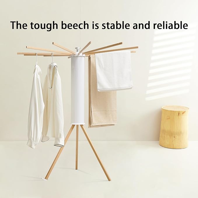 JOOM Tripod Clothes Drying Rack, Garment Rack Portable and Foldable Space Saving Laundry Drying Rack - Drying Rack Clothing 12 Rods Wooden