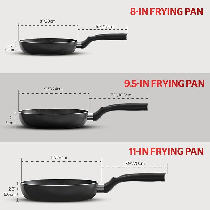 Sunhouse 3-Piece Nonstick Frying Pan Set - 8", 9.5", 11" Aluminum Frying Pan with Non-Stick Coating, PFOA-FREE, Stay-cool Handles - Gas, Ceramic