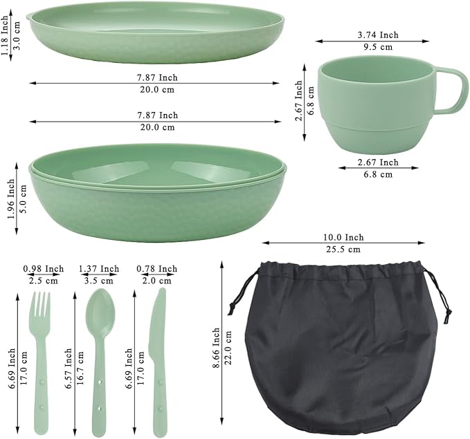 HOMQUEN 6-Piece Camping Mess Kit with Bowl, Plate, Cup, Spoon, Fork, Knife and Carry Bag, Plastic Camping Accessories Essentials Gear for Travel, Camping, Picnic, Outdoor, Easy to Carry & Store