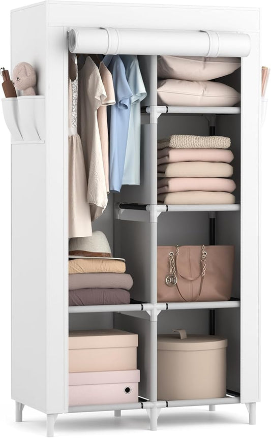 ROJASOP Portable Closet Wardrobe Closet for Hanging Clothes with 6 Storage Shelves, 1 Hanging Rod and 4 Pockets, Clothes Organizer and Storage Wardrobe Free Standing Closet for Bedroom, White