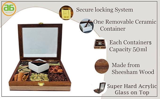 Wooden Spice Box with lid and Spoon - 9 spice compartments including with 1 removable Ceramic Container Good for Storing Salt - Tabletop Kitchen Spice Organizer for Masala and Herbs