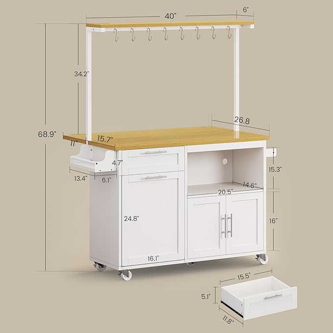 Itaar Rolling Kitchen Island Table on Wheels with Drop Leaf, 40" Mobile Kitchen Carts with Trash can Storage, Storage Cabinet, Drawer, Spice/Towel Rack, White