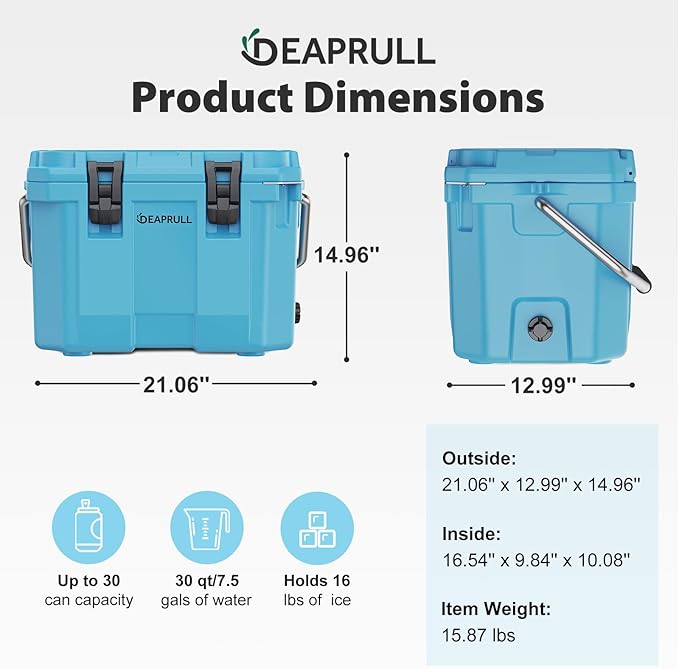 Hard Cooler, Insulated Ice Chest Box Holds Ice for More Days, Portable Cooler with Handle, Cup Holders, Double Latches for Camping Drink, Beach, Picnic, Fishing, Boat, Barbecue