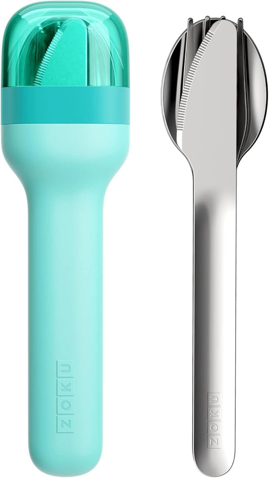 ZOKU Pocket Utensil Set, Teal - Stainless Steel Fork, Knife, and Spoon Nest in Case - Portable Design for Travel, School, Work, Picnics, Camping and Outdoor Home Use