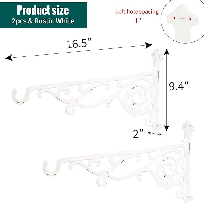 Sungmor Cast Iron Hanging Plant Bracket, 16.5" Large Outdoor Wall Plant Hangers, 2pcs White Heavy Duty Hanging Basket Hooks, Decorative Hooks for Flower Pot, Lantern, Wind Chime, Hummingbird Feeder
