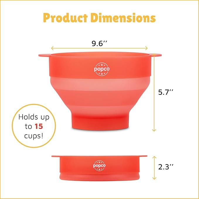 POPCO Silicone Popcorn Maker - Microwave Popcorn Popper - Collapsible Bowl, Heat-Resistant, Easy to Clean, Ideal for Family Movie Nights, 15-Cup Capacity - Transparent Red