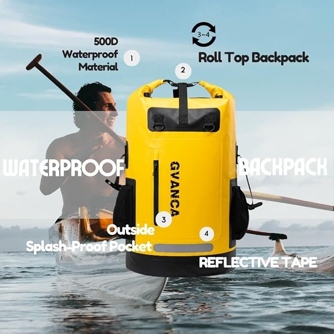 Waterproof Dry Bag Backpack for Kayaking, Roll Top Kayak Dry Backpack, Floating Outdoor Dry Sack Boating Sailing Canoeing Rafting Fishing Camping 55L Yellow