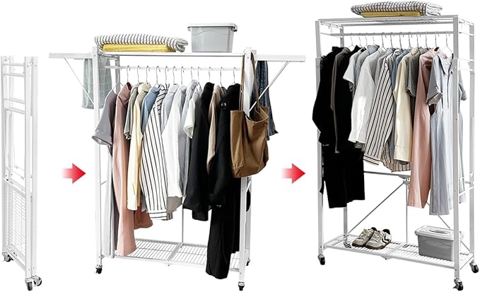 lumizone Folding Clothing Rack with Wheels Expandable Wardrobe Portable Clothes Rack for Hanging Clothes Adjustable Closet Shelves Garment Rack Durable Closet Racks for Hanging Clothes(White)