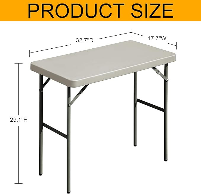 Folding Table 2.7ft Rectangular All-Occasion Plastic Folding Event Table for Indoor and Outdoor, Portable Desk, Camping, Durable and Stable, HDPE and Steel, Wide Application, Grey