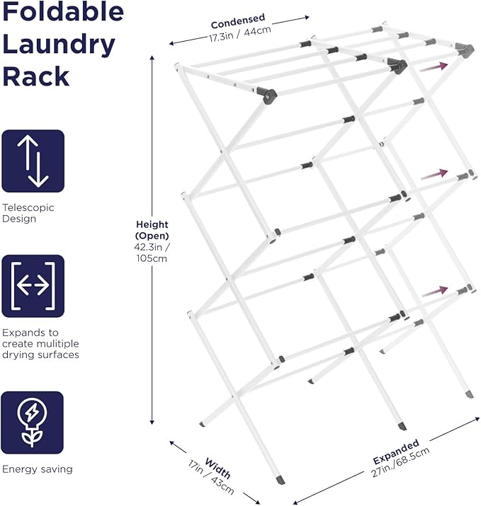 BLACK+DECKER 3 Tier Expandable Collapsing Foldable Laundry Rack for Air Drying Clothing, Space Saving Heavy Duty Lightweight Metal Drying Rack(White)