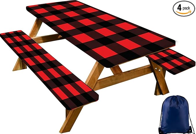 CAPSCEOLL Elastic Picnic Table Cover with Bench Covers 5Ft Waterproof Fitted Picnic Table Cover Cloths for Outdoors Camping Tablecloth with Drawstring Bag, 60X30in, Black Red